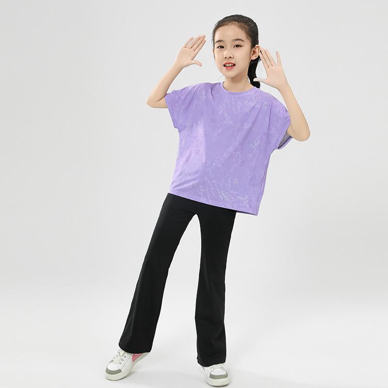 Girls' Summer Sports Set: High-Waisted Flared Pants & Kids' Sun Protection Short Sleeve Yoga Outfit