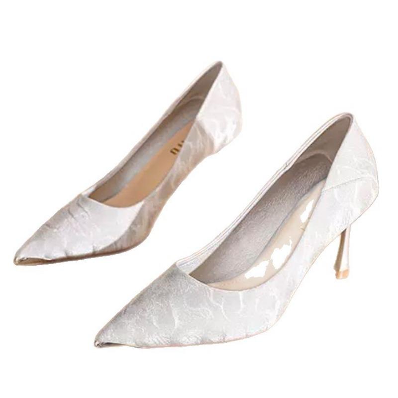 New Jacquard Satin Beautiful High Heels Women's Thin Heels Are Not Tired Feet White Pointed Single Shoes