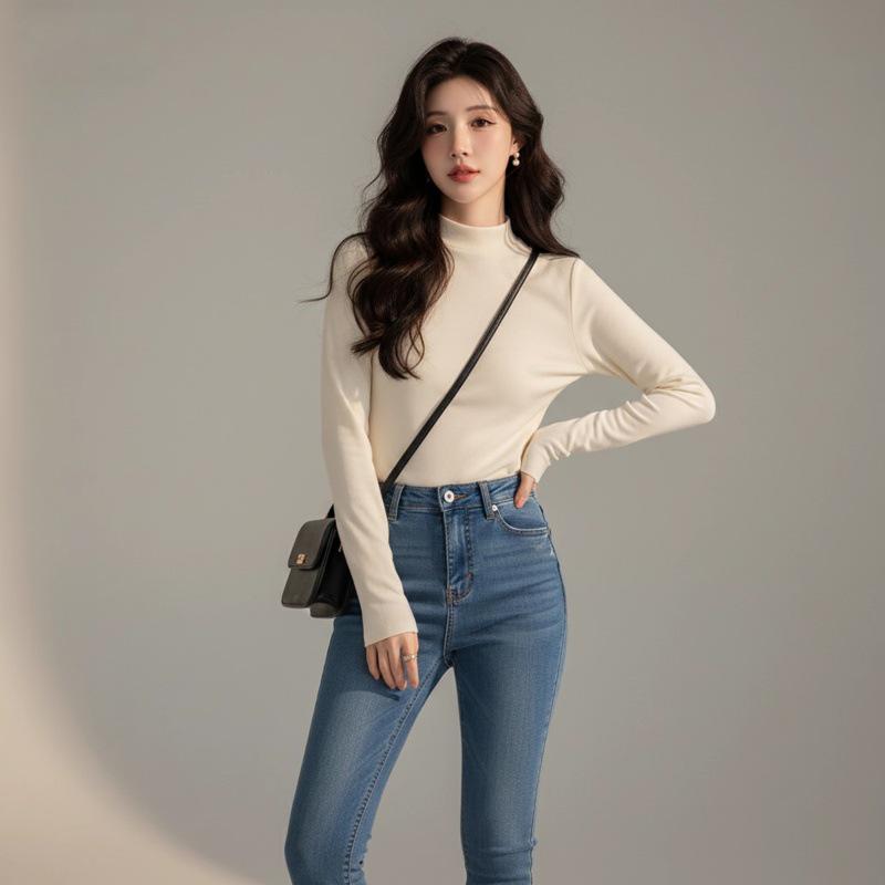 

Women s 2025 Autumn/Winter Thermal Fleece Slim Fit Turtleneck Long-Sleeve Base Layer L (Weight 105-115) абрикосовый