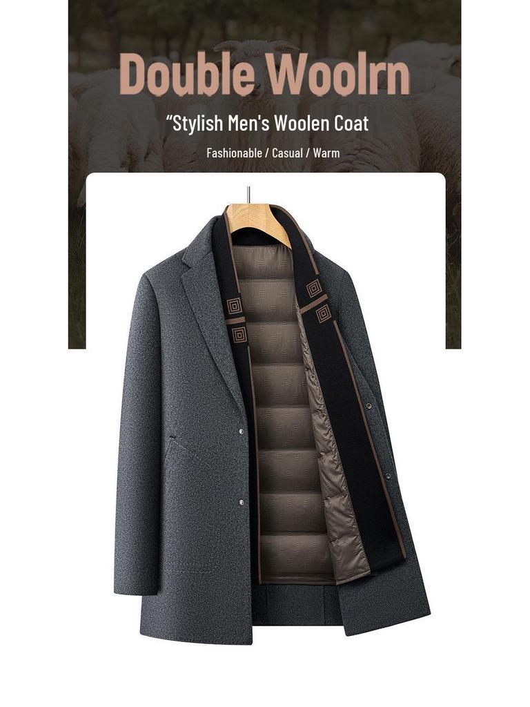 Men's Winter Wool Coat with Scarf Collar - Business Casual, Detachable Double-Sided Design, 90% Goose Down Liner