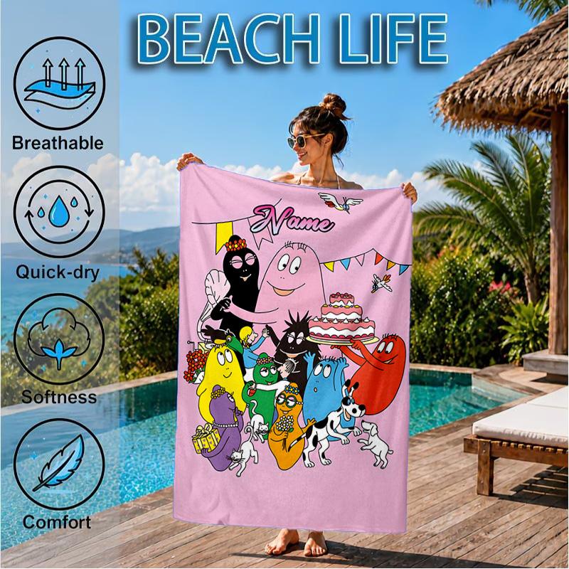 Custom Name Colorful Cartoon Barba-papa Heart In Space Adventure Microfiber Beach Towel, Lightweight for Summer Travel, Swimming Pool Fan Gift