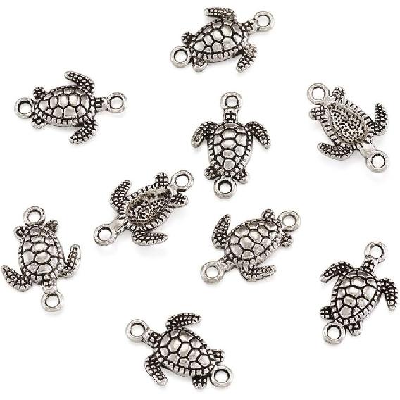 FASHEWELRY 50Pcs Antique Silver Sea Turtle Charm Links 21x14.5mm Tibetan Double Loops Sea Creature Animal Pendant Connectors for Jewelry Making Hole: