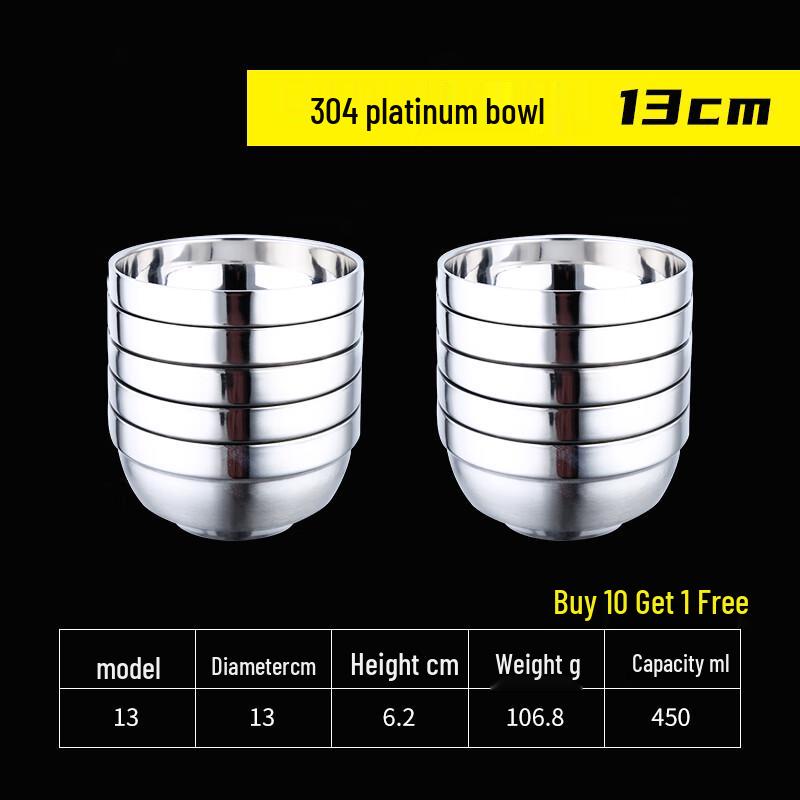 Zhao Ran 304 Stainless Steel Double-Layer Insulated Bowls, 13cm (10-Pack)