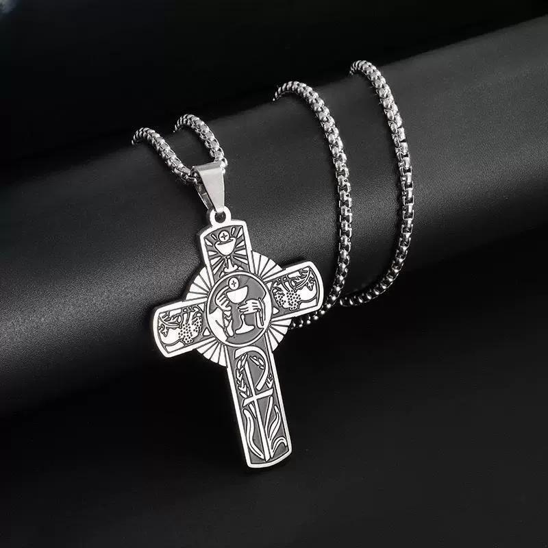 Personalized Stainless Steel Mens Womens Cross Necklace Vintage Religious Holy Spirit Eucharist Halo Grape Juice Cup Cross Penda
