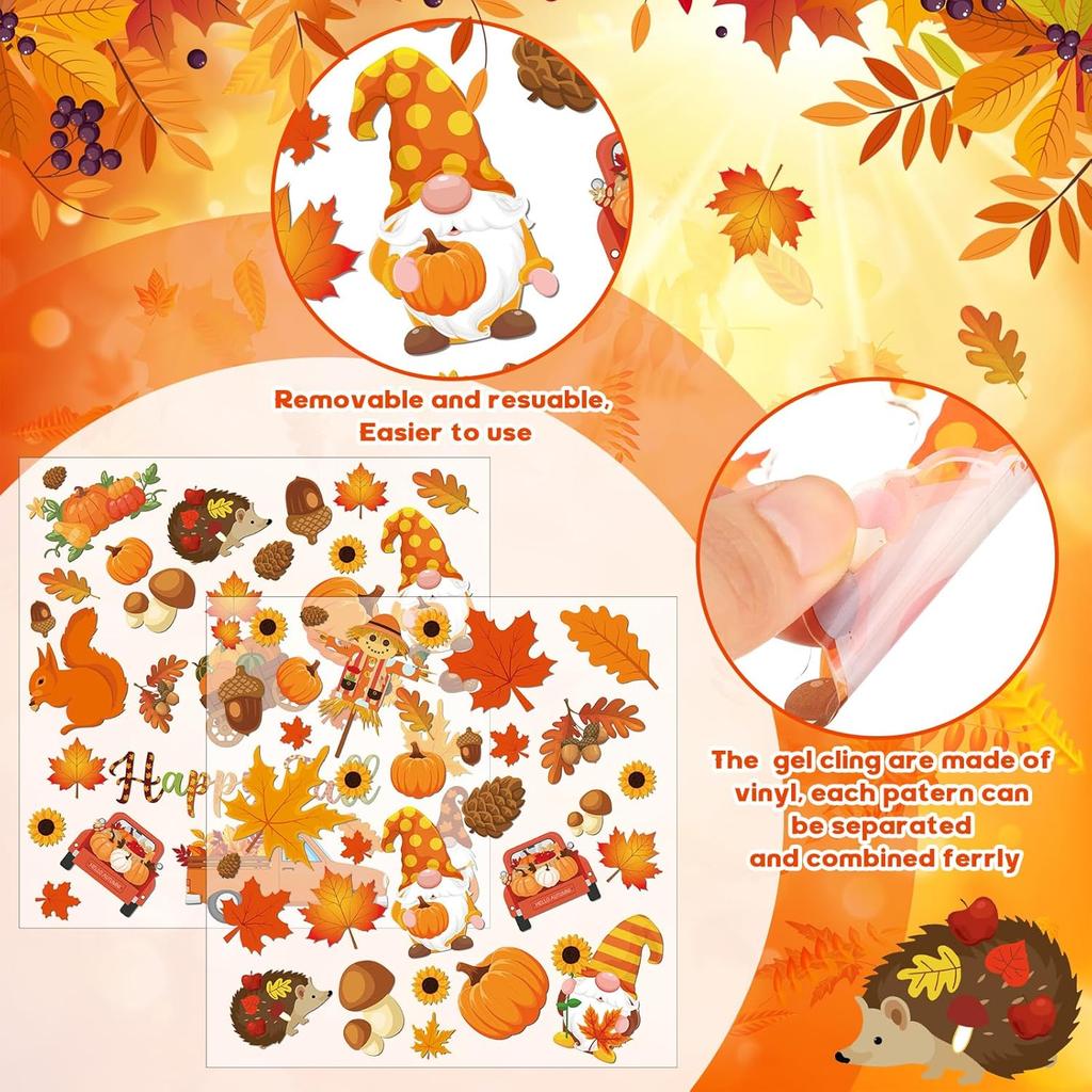 2 Sheet 64 Pcs Thanksgiving Gel Window Clings Fall Thick Gel Cling Removable Reble Autumn Harvest Window Sticker Pumpkin Maple Leaves Gnome Decal for