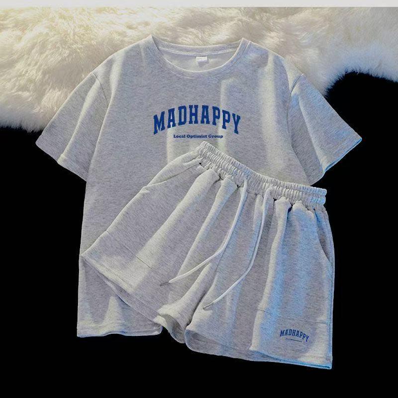 

Женский повседневный спортивный костюм-двойка 2025: Свободный топ с коротким рукавом и шорты для лета XL серый/белый