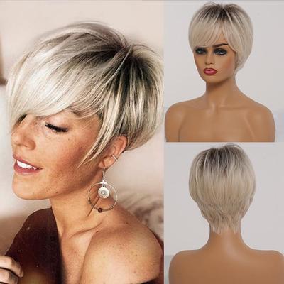 Black Brown Synthetic Wigs with Highlights Short Straight Wigs for Women Natural Hair Heat Resistant Wigs with Bangs