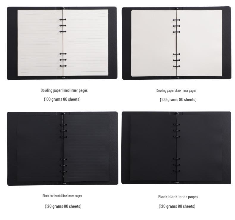 Minimalist Black A5 PU Leather Loose-Leaf Notebook with Black Card Paper Inner Pages