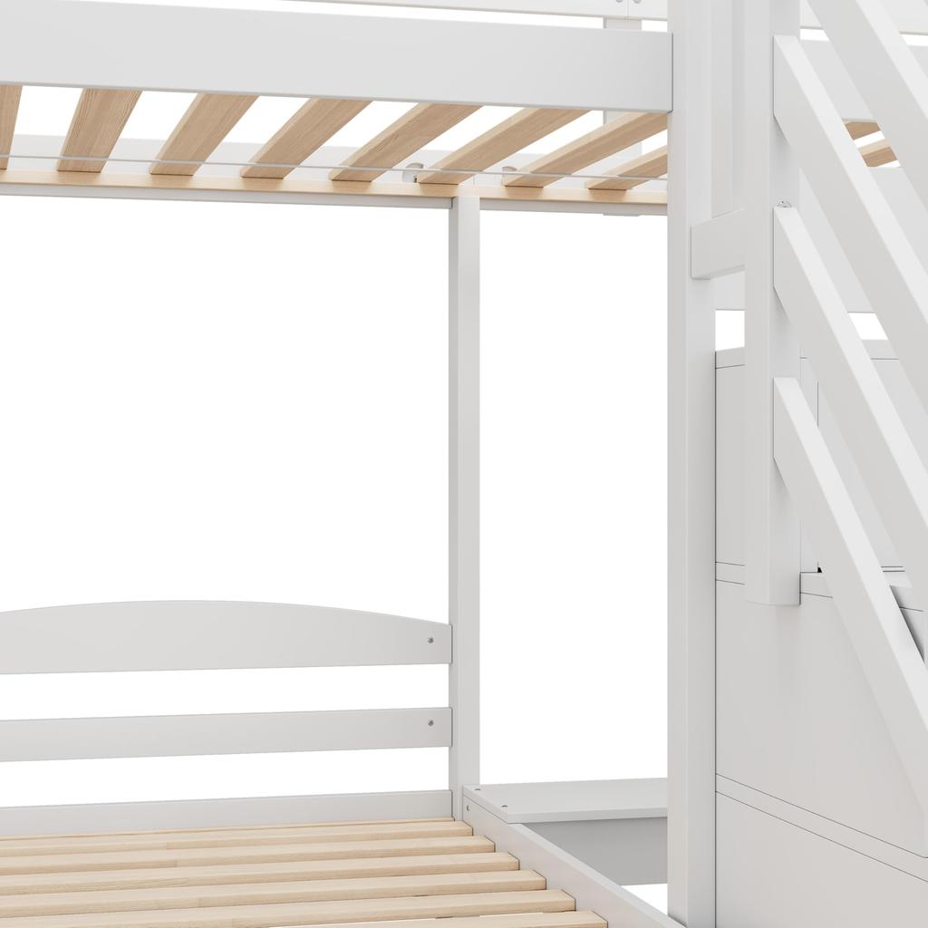 Etagenbett 90x200 3 Kinder EN747 zertifiziert Hochbett Holzbett Stauraumtreppe Jugendbett 3 Betten Lattenrost ohne Matratze Weiß