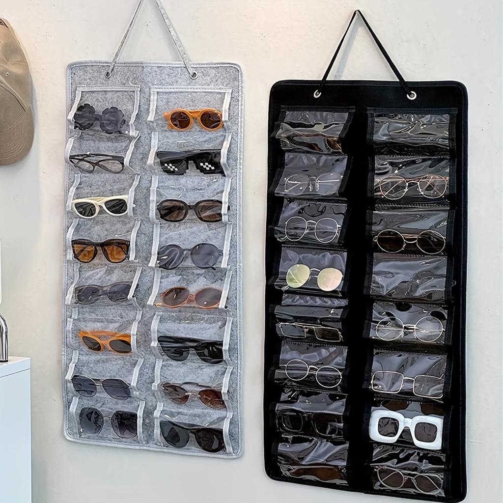 1pc Wall Hanging Eyeglasses Storage Organizer Felt Backing Easy to Wipe Foldable Eyewear Storage Bag with 16 Transparent Pouch