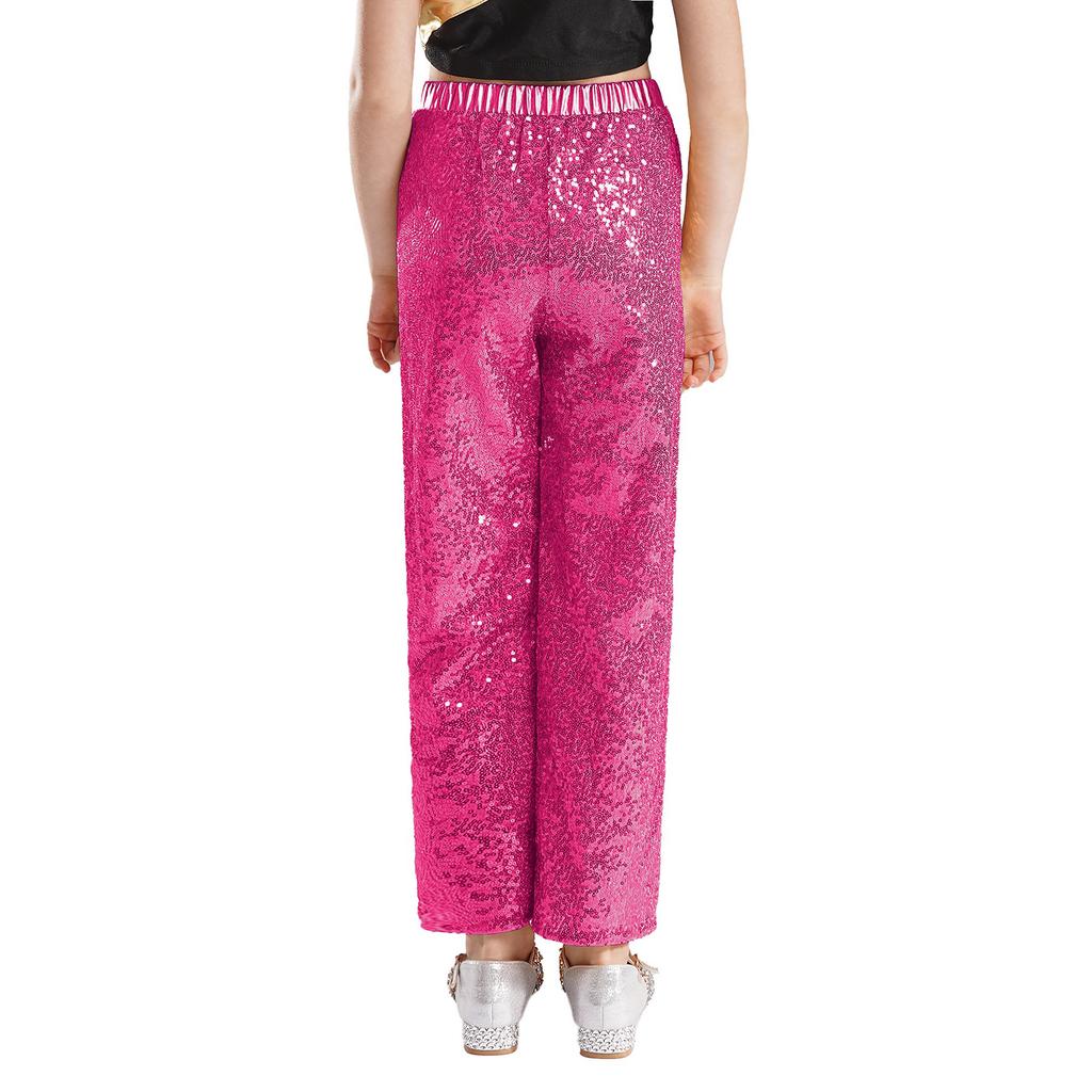 Girls Shiny Sequin Pants High Waist Elastic Waistband Loose Trousers Jazz Dance Performance Trousers