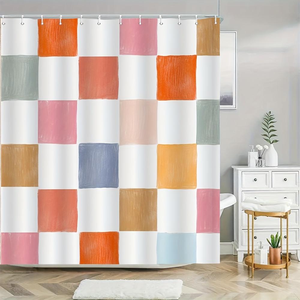 Colorful Checkered Shower Curtain – Painted-Style Squares on White, Polyester, 12 Hooks, Machine Washable, 180x180cm71x71in