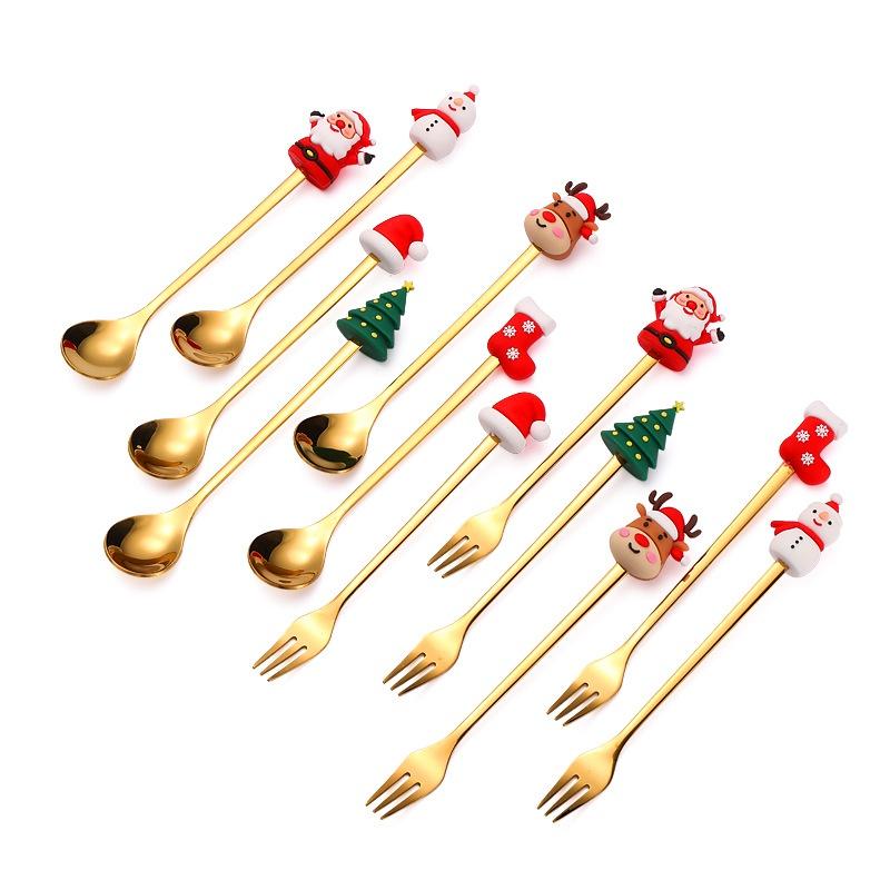 4/6PCS Christmas Gifts Stainless Steel Spoons Forks Set Decoration Glod Silver Elk Deer Dessert Coffee Spoon for Kids Gift Box