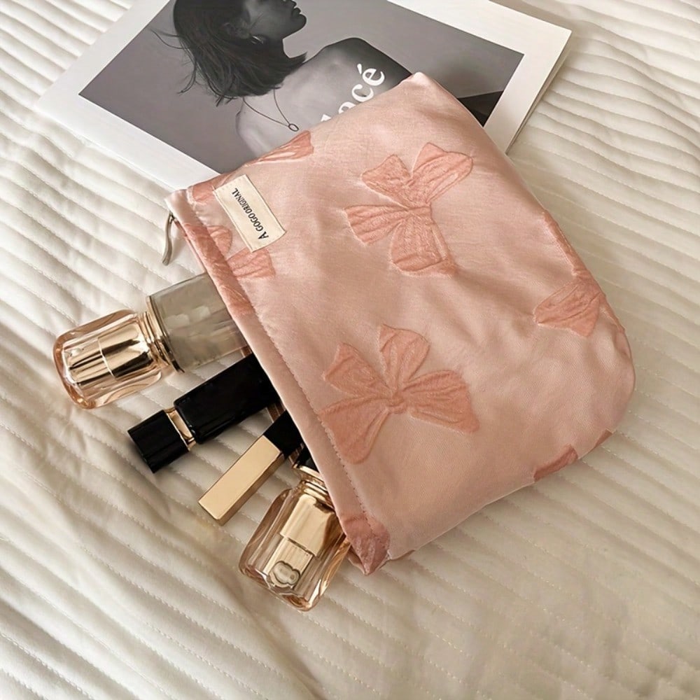 1pcs Large Capacity Canvas Bow Makeup Bag, 3d Printed Handbag, Student Pencil Case Storage Bag, High-End And Fashionable Style