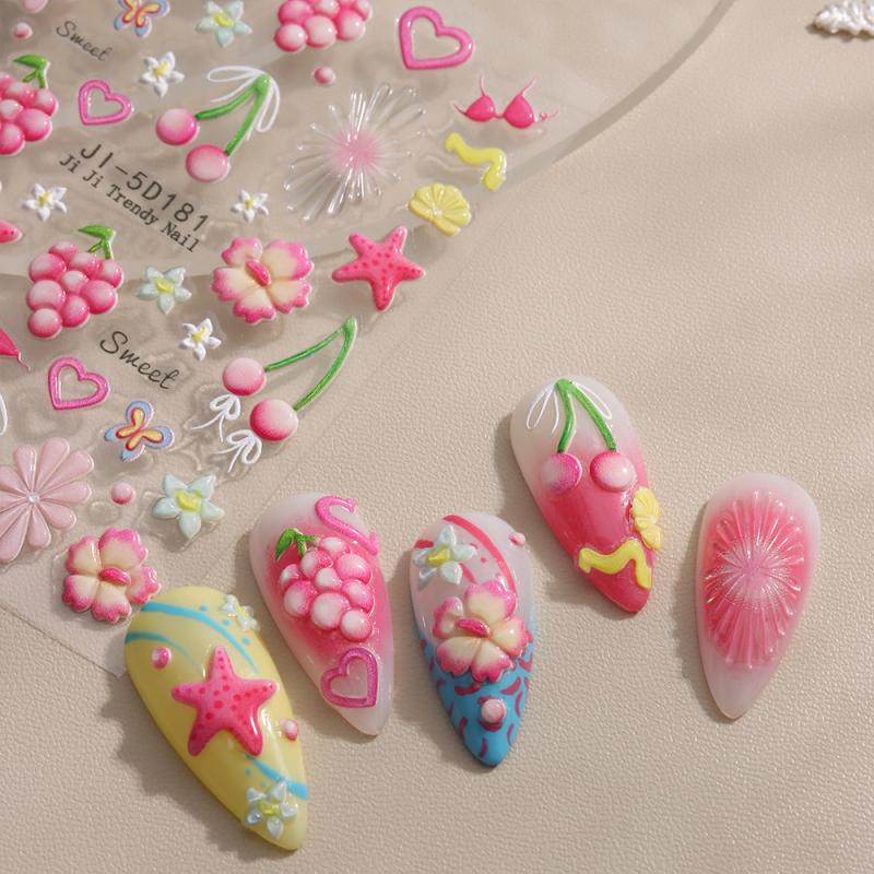 5D Bow Nail Sticker 3D Relief Cherry Bowknot Flower Summer Personalized Nail Back Adhesive Sticker Diy Nail Decoration Materials