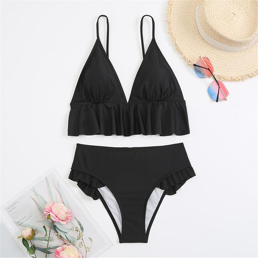 Women Two Piece Swimsuit Ruffle Hem Bikini Set Adjustable Straps High Waist Bottoms Soft Fabric Swimwear