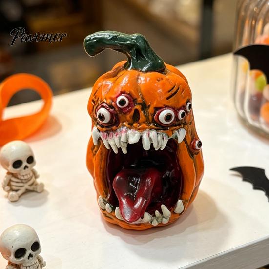 Horror Pumpkin Tabletop Decor Halloween Evil Figurine, Ornament with Multi Eyes and Spooky Decorations Fangs, Demon Resin Statue for Party Decoration