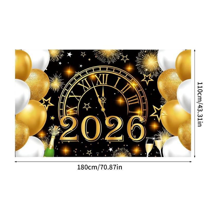 Happy New Year 2026 Banners With Balloon Pattern Decoration For Outdoor Indoor Festives Event Photoshoot Backdrop Favor