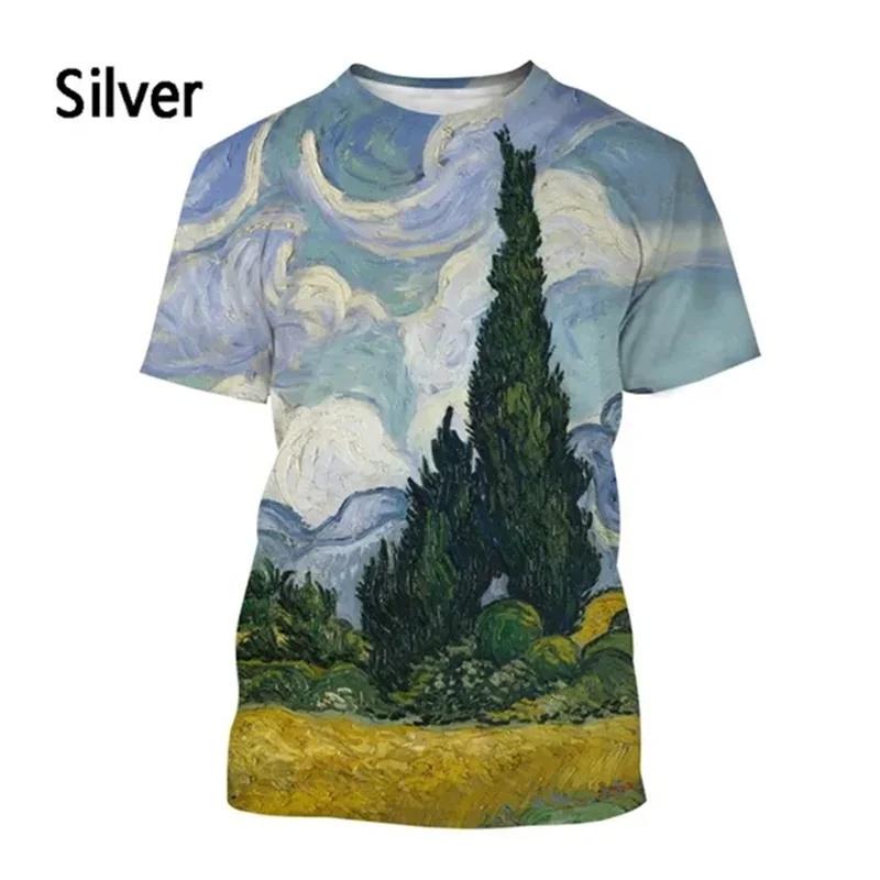 Art Oil Painting Graphic T Shirt For Men Starry Night 3D Printed T-Shirts Summer Casual Short Sleeve Round Neck Loose S