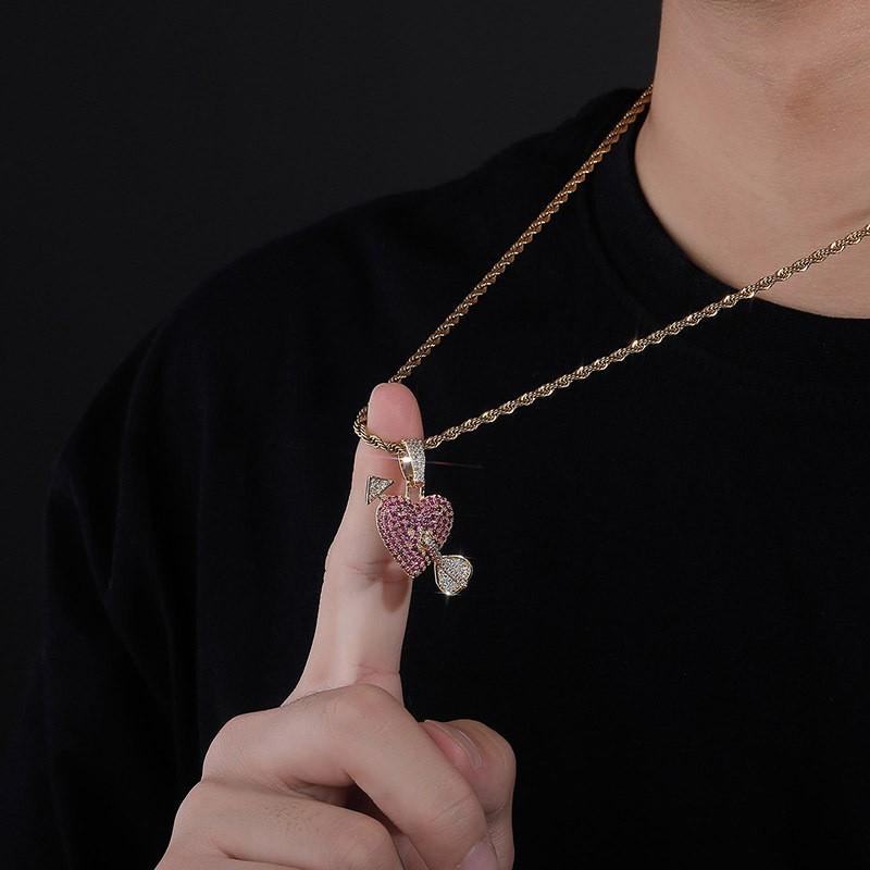 Cupid Arrow Through Heart Couple Pendant Micro Pave Color Zircon Necklace Gold 24in Chain