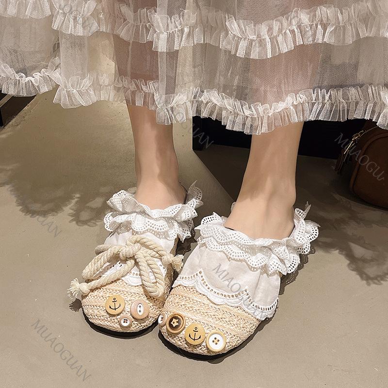 Fashion Women Casual Flats 2025 Summer New Lace Weave Breathable Straw Slippers Outdoor Fashion Bow-knot Comfortable Mules Half Slipper