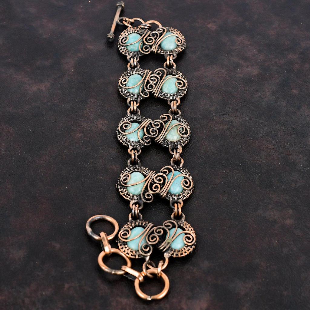 Amazonite Bracelet Copper Wire Wrapped Gemstone Jewelry Adjustable Chain Bracelet Copper Bracelet Handmade Wire Wrap Bracelet Gifts For Wife