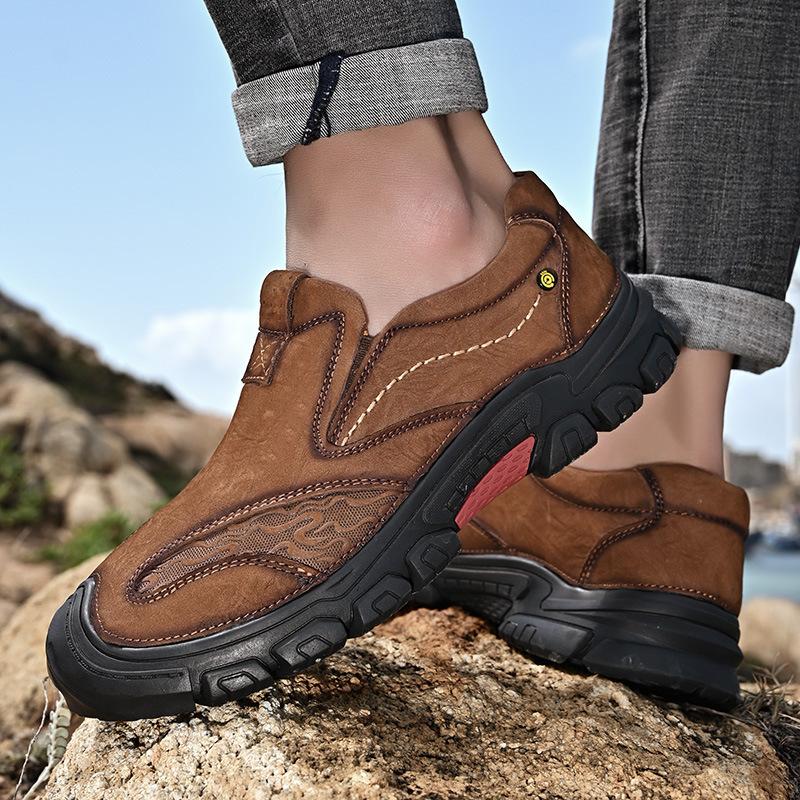 Men's Shoes Work Shoes Outdoor Casual Shoes Big Head Leather Shoes Spring Low-Top Slip-on Closed Toe Frosted Cowhide Surface Hiking Climbing