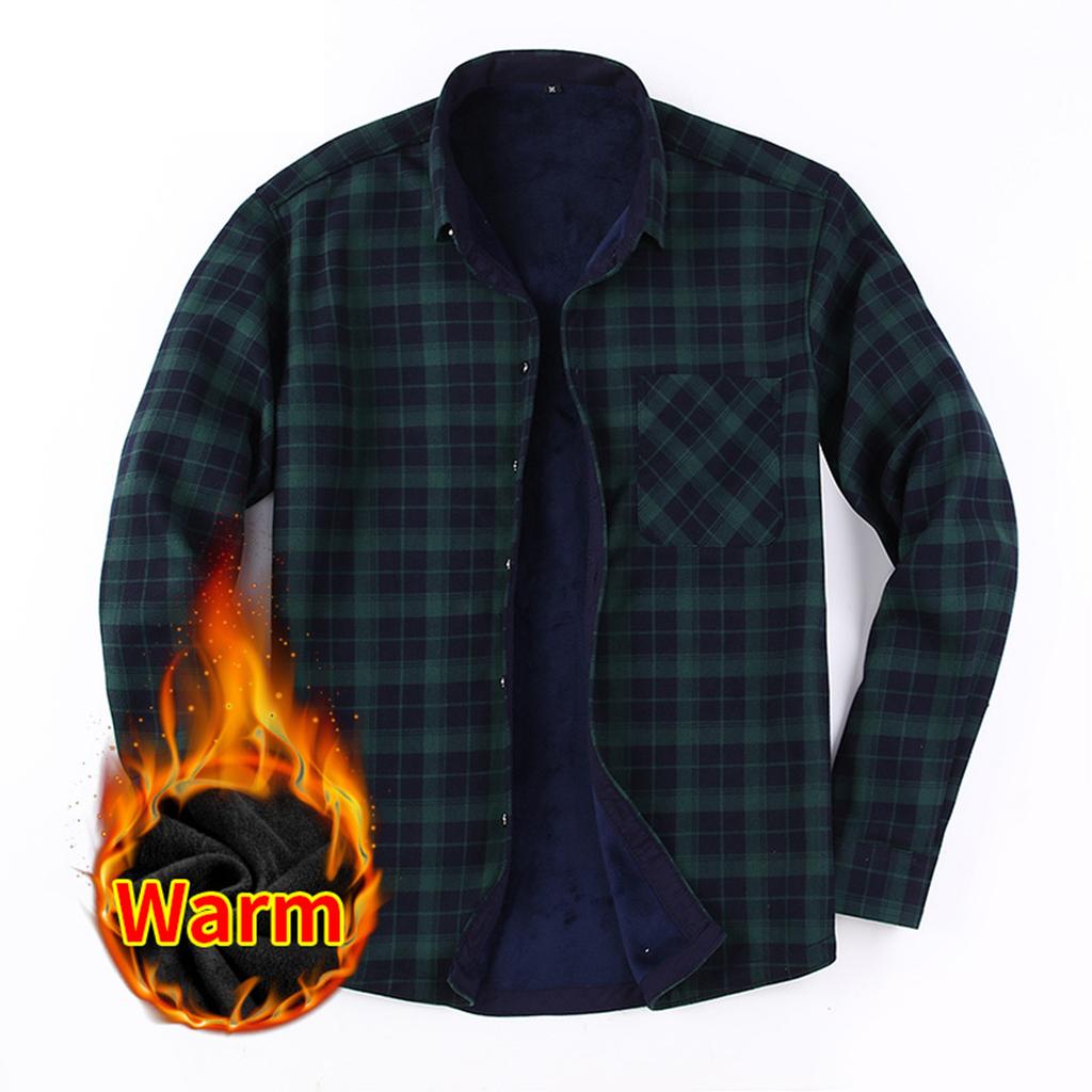 Men's Warm Casual Flannel Shirt, Long Sleeve, Lined, Large Size, Turn-Down Collar for Fall