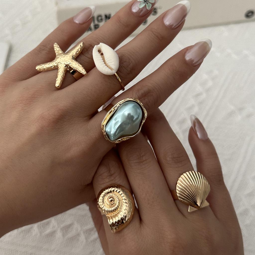 5Pcs Starfish Shell Ring Set For Women Irregular Baroque Imitation Pearl Metal Flower Stacking Finger Ring Beach Party Jewelry