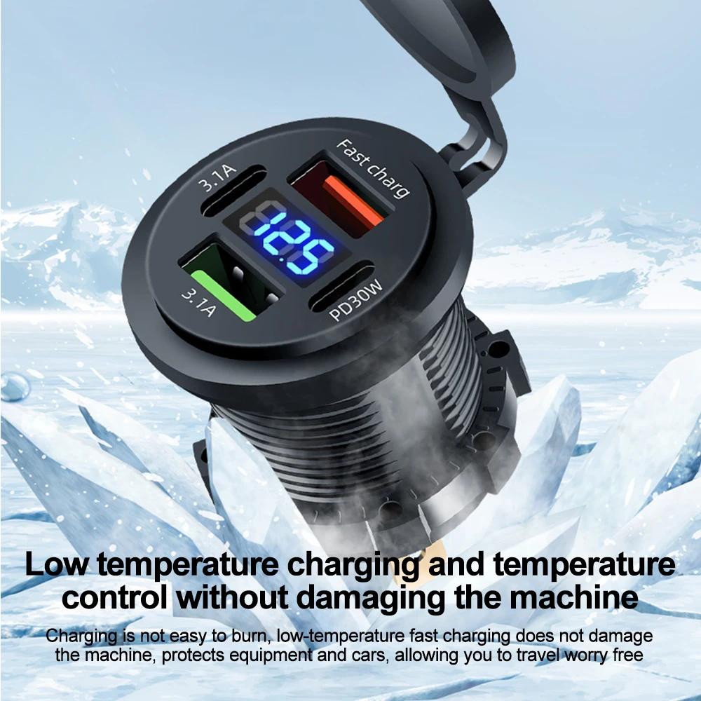 4 Port Car Charger Socket PD 30W Fast Charging Dual USB+Type C Outlet Phone Power Adapter with Voltmeter for Motorcycle Truck Boat