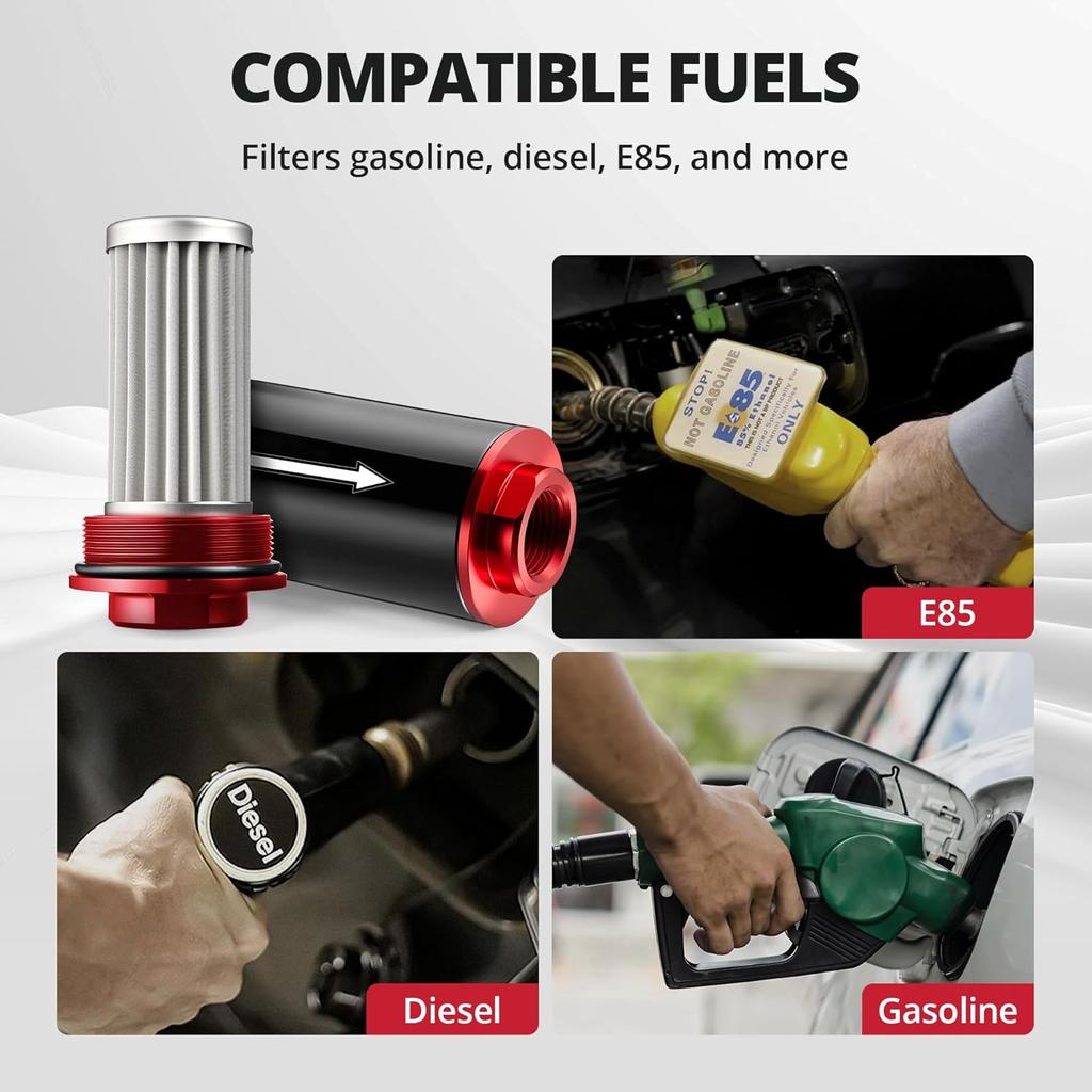 EVIL ENERGY Inline Fuel Filter 100 Micron With 6AN 8AN 10AN Adapter&Bracket Clamp 50MM Universal Red