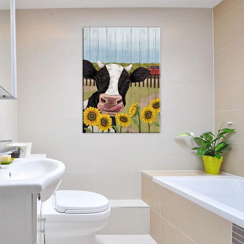 Uroczy Dekor Ścienny Krowa Żółty Słonecznik Czerwona Wiejska Stodoła Obraz na Płótnie Rustykalny Farma Zwierzę Malarstwo Zabawny Obraz Krowy