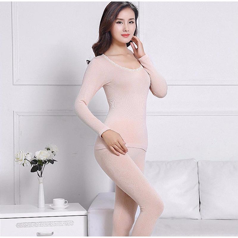 Sexy Women Underwear Thermal Sets High Neck Long Sleeve Top and Elastic Waist Bottom Comfortable Suit