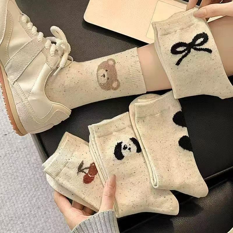 5 Paar Niedliche Socken Damen Schleife Beflockung Punkt Garn Mittelwaden Socken Cartoon Herz Bär Socken