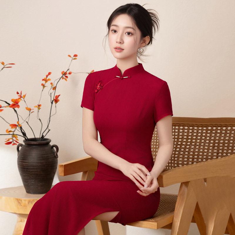Red National Style New Chinese Long Improved Cheongsam Women's High-end Bridal Toasting Dress Summer