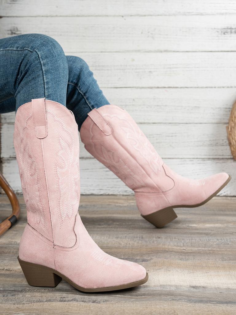 2025 European and American Fashion Autumn and Winter New Spot Medium Heel Women's Leather Boots Foreign Trade Round Head Large Size Embroidered Weste