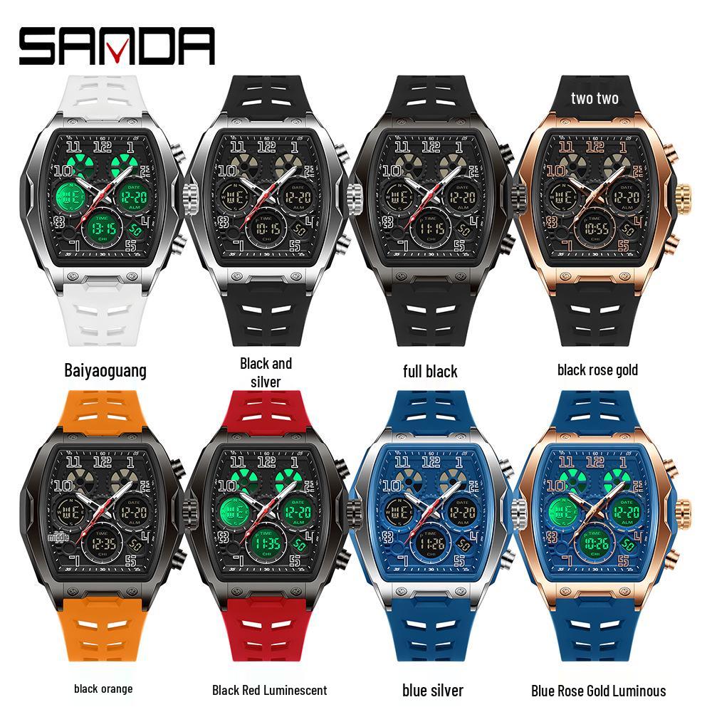 Sanda Dual Display Waterproof Barrel-Shaped Electronic Watch with Alarm for Students and Parties