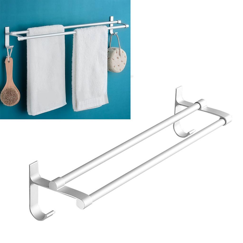 Silver White Double Rod Bar Towel Rack Aluminum No Punching Bathroom Wall Mounted Towel Hanging