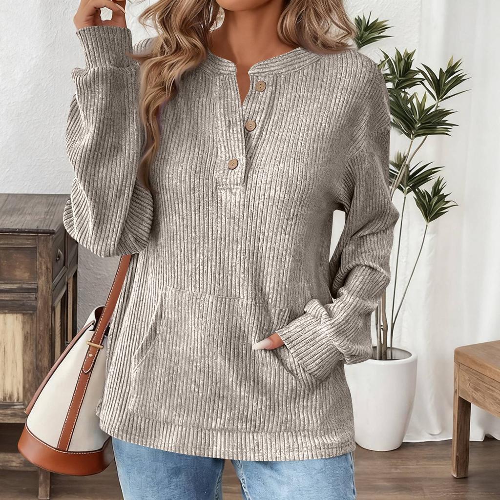 Women's Fashionable Solid Color Round Neck Button Pocket Loose Long Sleeved Pullover Top