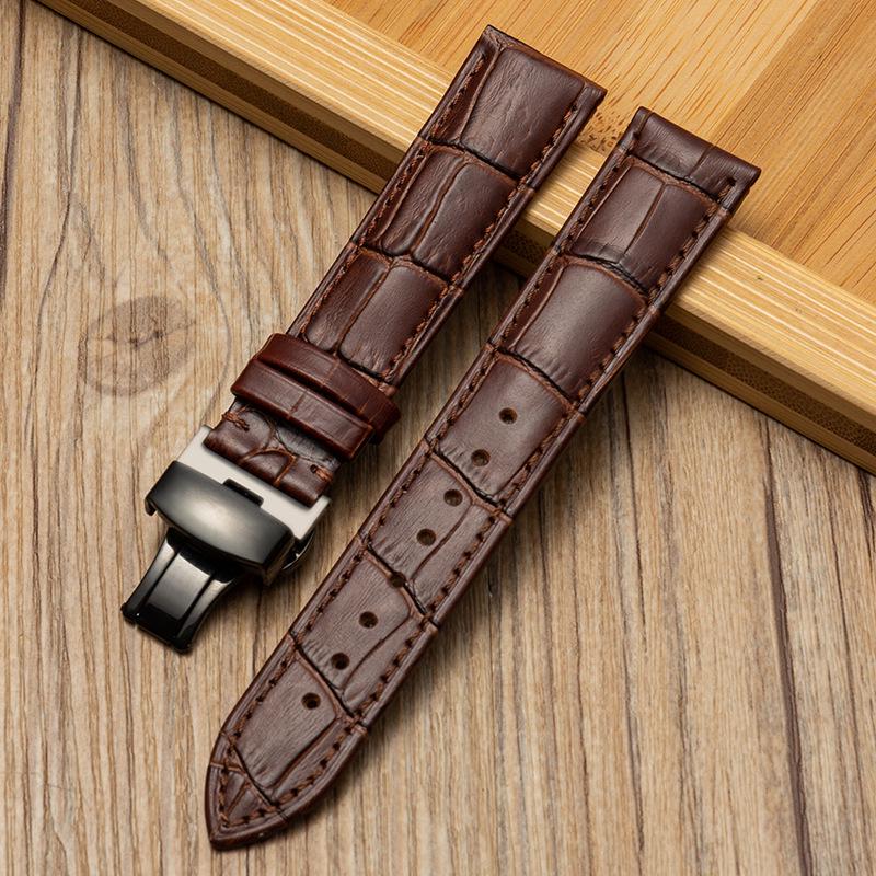 Bamboo Pattern Genuine Leather Watch Strap with Soft Cowhide and Butterfly Buckle for Men and Women