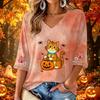 Women's Casual V-Neck Halloween Print Three-Quarter Sleeve Blouse for Halloween Party