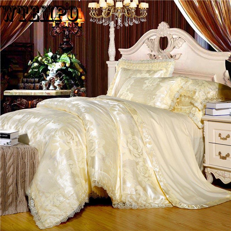 4pcs Silk Cotton Luxury Satin Jacquard Bedding Set Winter Soft Silk Bed ...