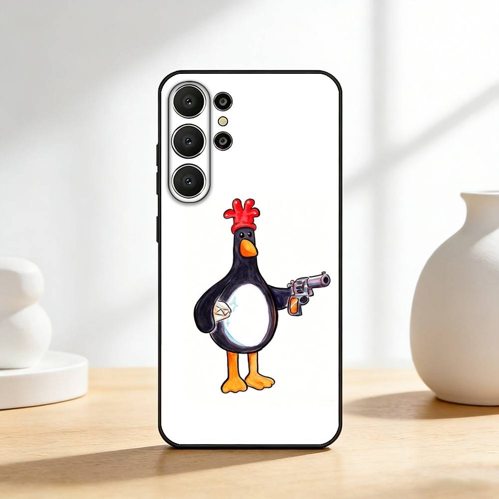Cute Retro Villain Penguin Phone Case For Samsung S26,S25,24,23,22,30,21,10,9,Ultra,Plus,Lite,FE Soft Black Case