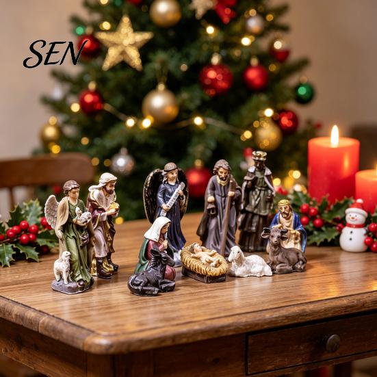 Statue del Presepe 11 Pezzi Set Natalizio, Mini Decorazione da Tavolo in Resina, Statua Sacra Famiglia Angeli Pastori Animali Statuette, Religioso Interno Casa