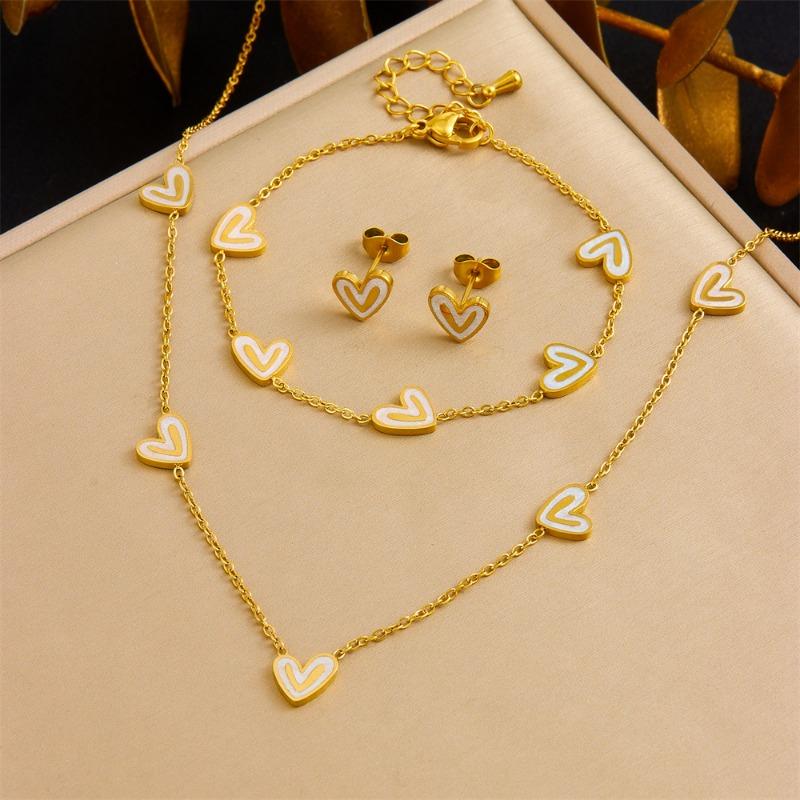 Gold Plated White Enamel Heart Jewelry Set Necklace Bracelet and Earrings Fashion Jewelry for Women золотой
