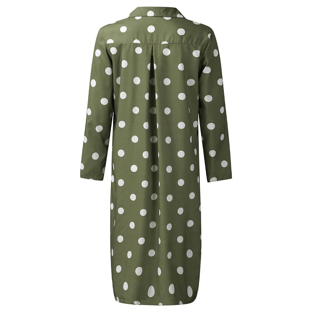 Women Summer Dot Print Long Sleeve Button Long Dress Party Beach Dress