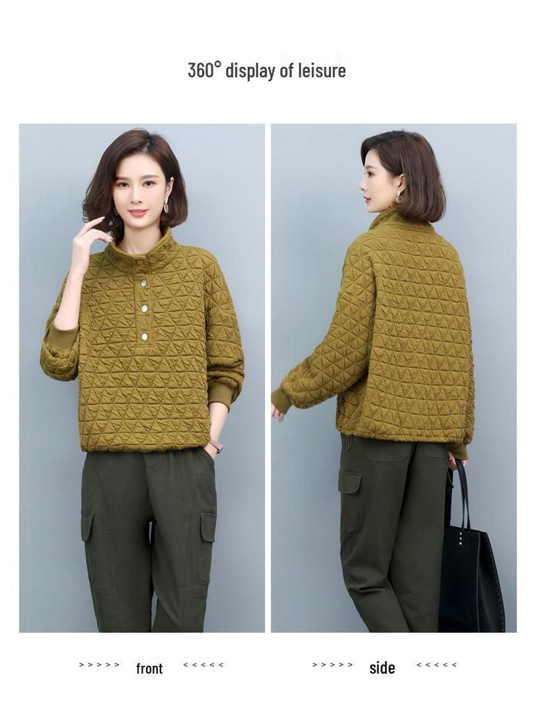 Women's 2024 Autumn/Winter Quilted Sweatshirt - Loose Casual Pullover for Middle-Aged Fashion