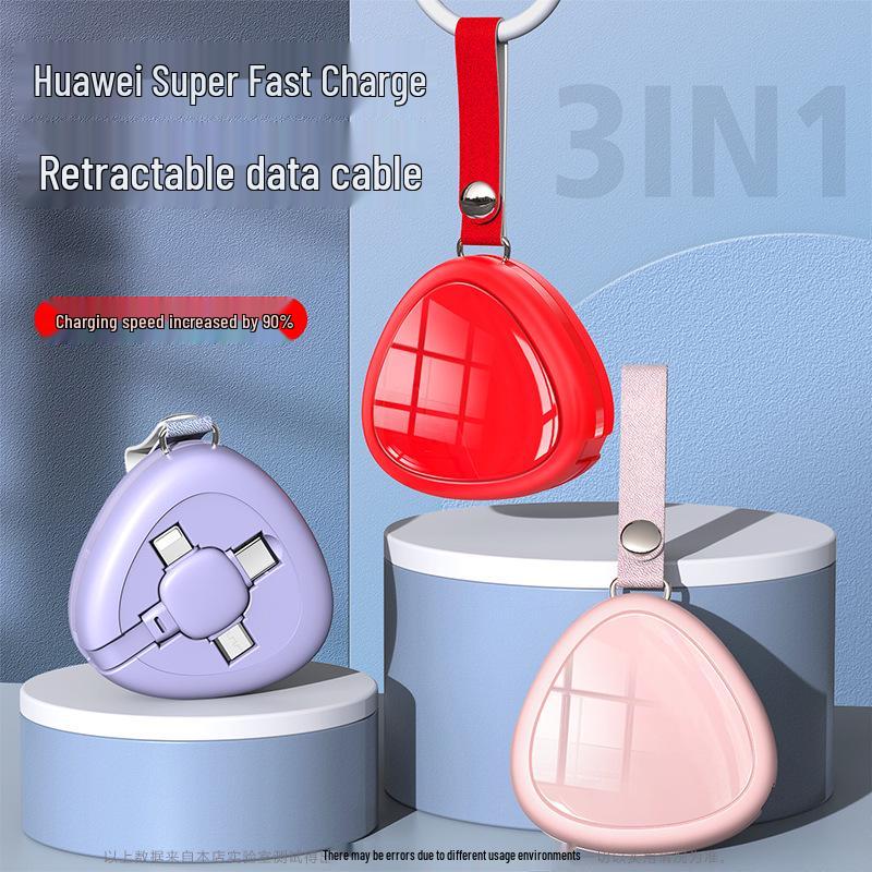 5A Three-in-One Super Fast Charging Cable with Multi-Head Compatibility for Apple and Huawei Devices.