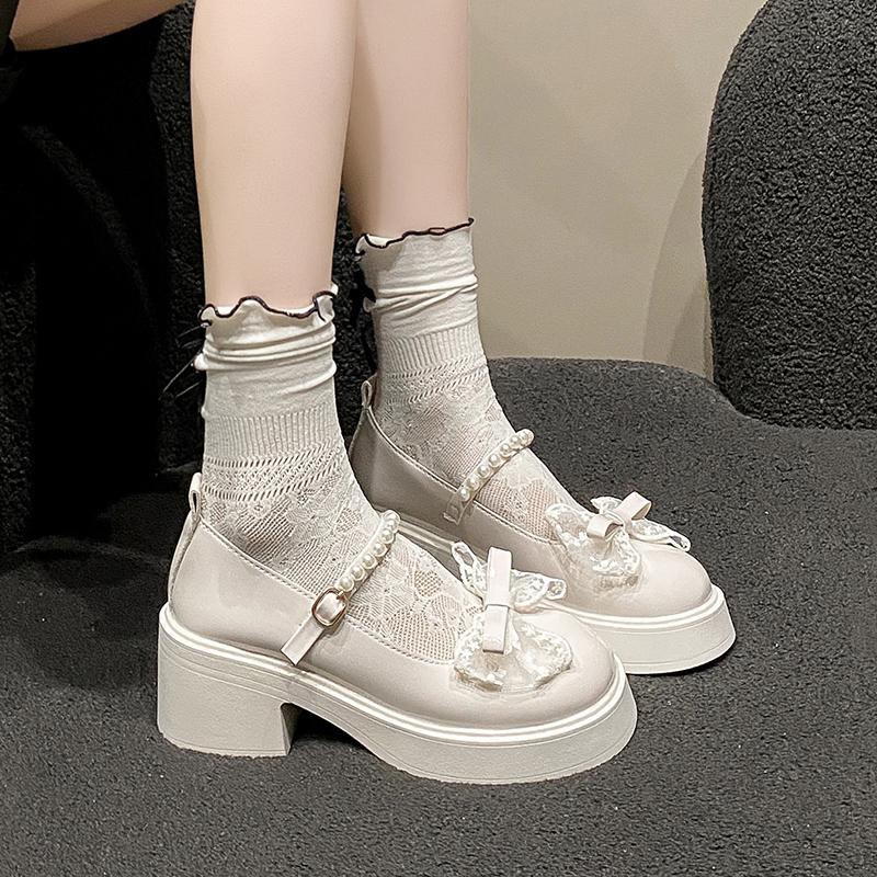 Fashion Chunky Heel Shoes Summer New Round Head Shallow Mouth Lace Butterfly Knot Metal Buckle Waterproof Platform Non-slip High Heels
