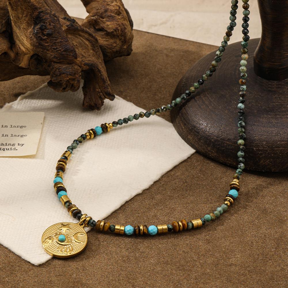 GEMCHIC Women s Vintage Bohemian Turquoise Beaded Necklace with Gold Sun Moon Pendant Stainless Steel Chain